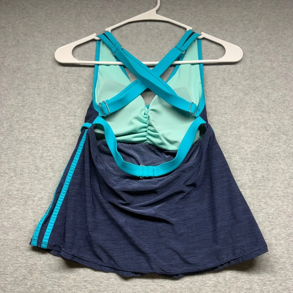 Adidas Womens Navy Turquoise 3-Stripe Tankini Swim Top Size Medium Sporty V-Neck